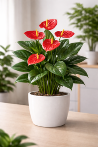 Anthurium Red Indoor Plant in white pot with glossy red blooms placed on office desk
