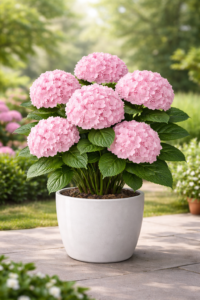 Hydrangea Pink Plant in grow pot with large soft pink flower clusters placed in garden setting