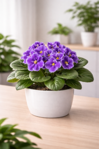 African Violet Purple Plant in grow pot with vibrant purple flowers placed on indoor table