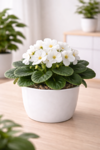 African Violet White Plant with pure white blooms and yellow centers in a white pot placed on a wooden table indoors