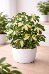Schefflera Variegated Plant in white pot with glossy green and cream umbrella-shaped leaves placed on wooden table indoors