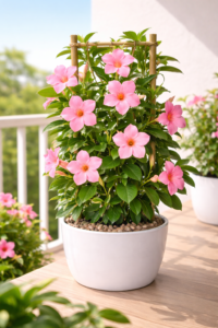 Mandevilla Pink Plant in white pot with vibrant pink trumpet-shaped flowers climbing on bamboo trellis on sunny balcony