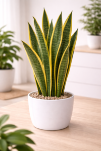 Sansevieria Golden Long plant in white pot with tall green leaves and golden edges placed in modern indoor living room setting