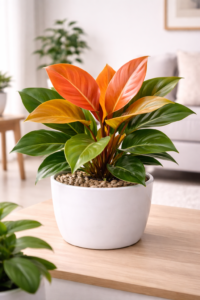 Philodendron Prince of Orange Plant in white ceramic pot with vibrant orange and green glossy leaves placed on wooden table indoors