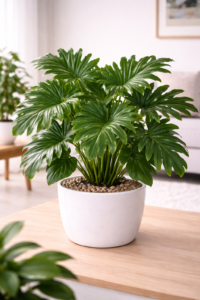 Philodendron Selloum Plant in white ceramic pot with large deeply lobed green leaves placed on wooden table in modern living room