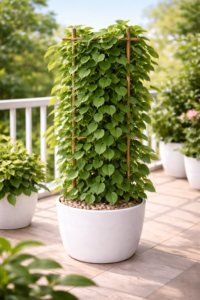 Duck Vine Plant with lush heart-shaped green leaves climbing a wooden trellis in white pot on sunny balcony patio