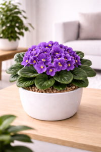 African Violet Purple Plant with vibrant purple blooms and yellow centers in white ceramic pot placed on wooden table indoors