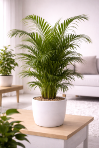 Areca Palm Plant (Dypsis lutescens) in white ceramic pot with lush feathery green fronds placed on wooden table in bright modern living room
